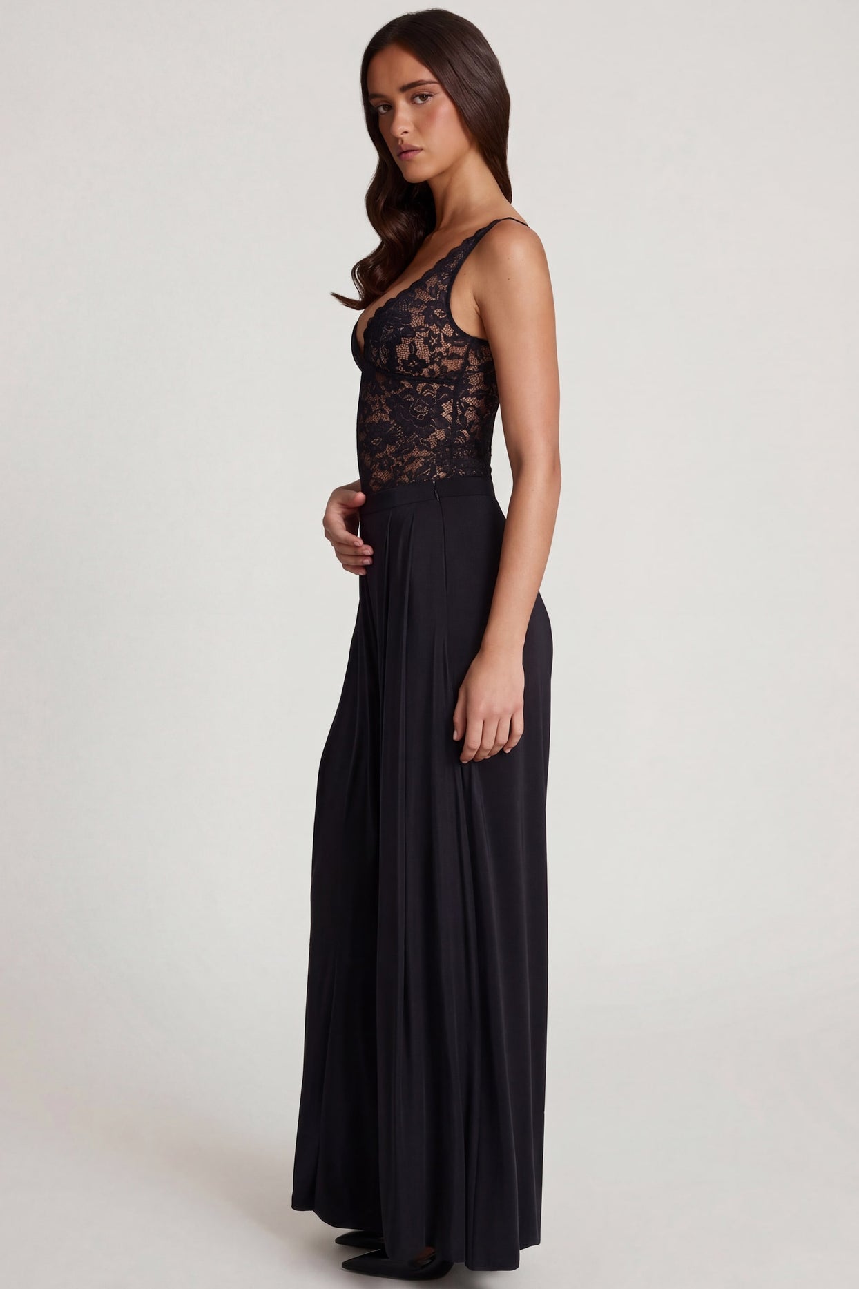 Oh Polly's Roberta wearing the Zafira Regular Trousers in Black Sheer Jersey fabric perfect for dinner dates