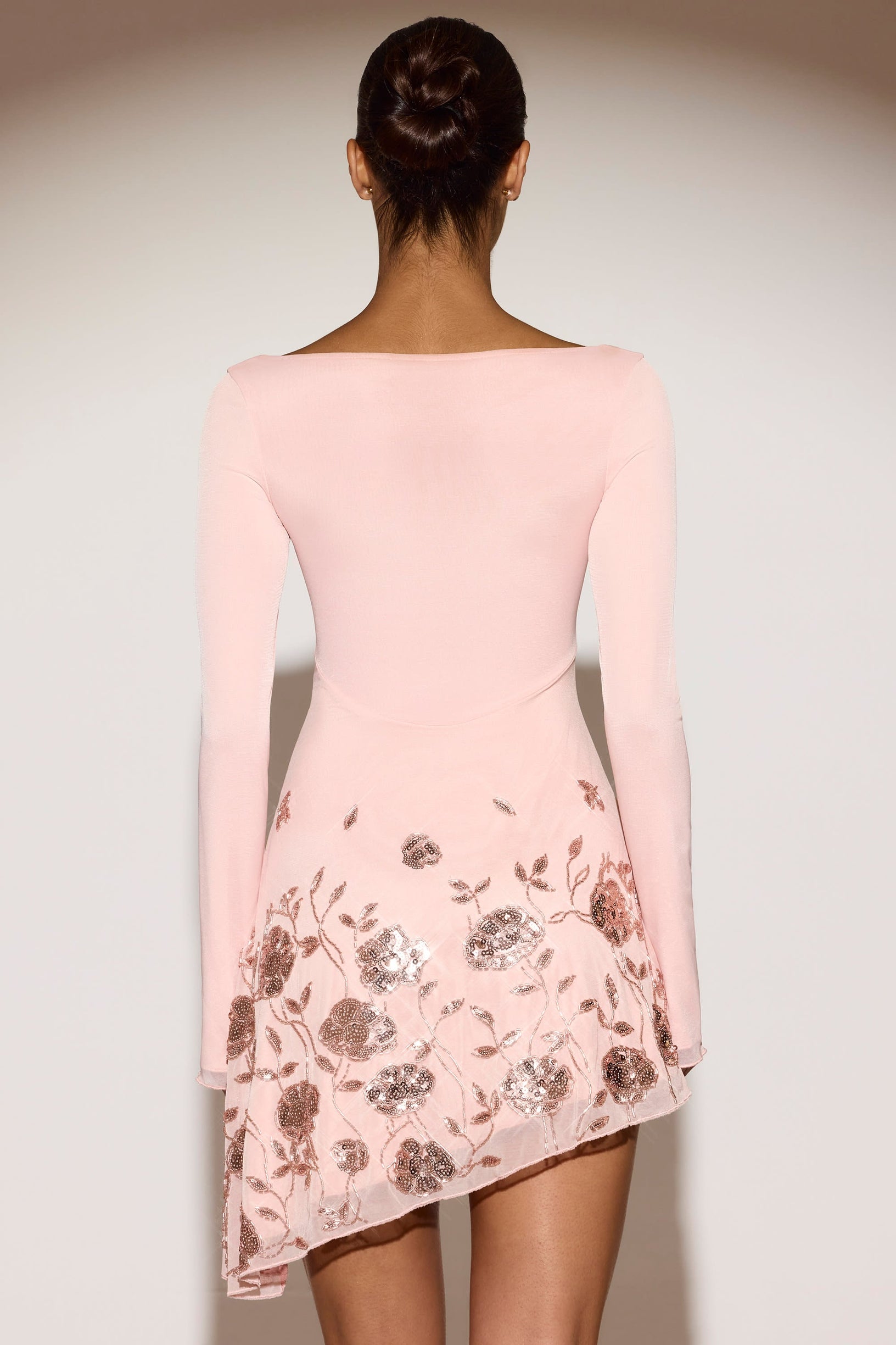 Embellished Appliqué Asymmetric Mini Dress in Pink - 2