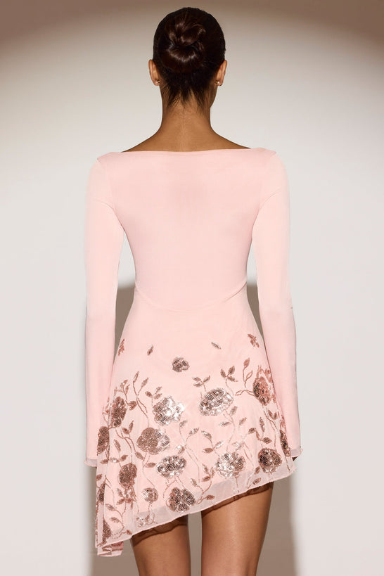 Embellished Asymmetric Mini Dress in Ballet Pink