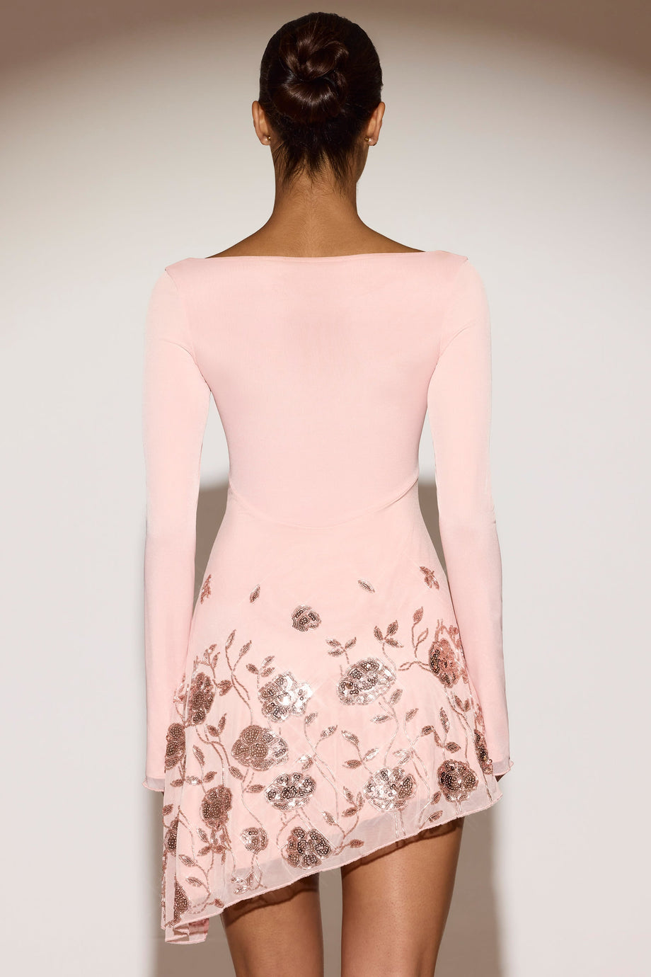 Embellished Asymmetric Mini Dress in Ballet Pink