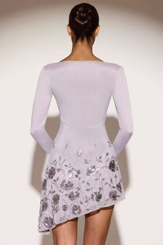 Embellished Asymmetric Mini Dress in Silver Lilac