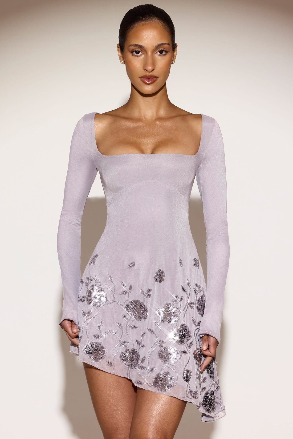 Embellished Asymmetric Mini Dress in Silver Lilac