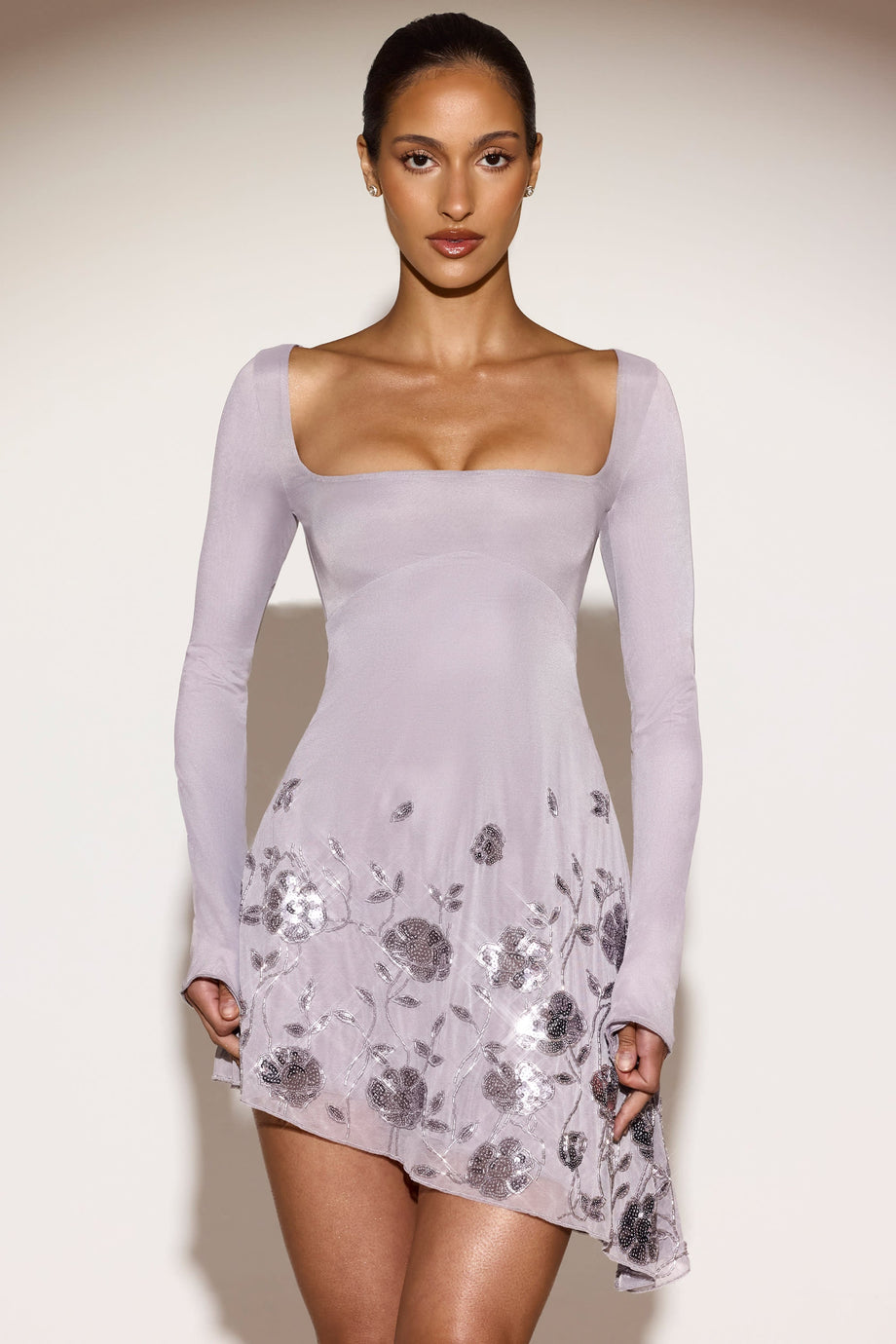 Embellished Asymmetric Mini Dress in Silver Lilac