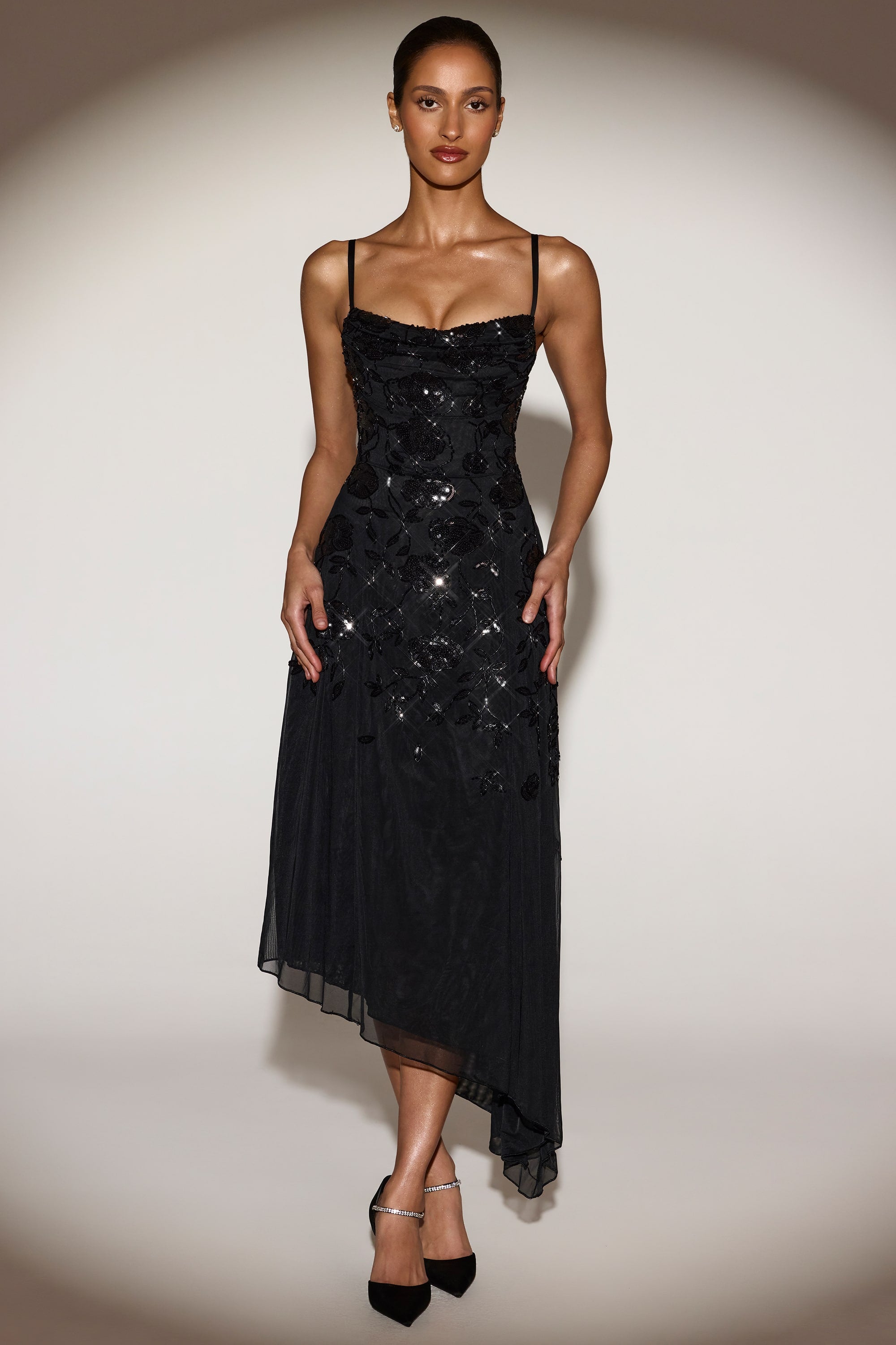Zelina Embellished Asymmetric Midi Dress in Black | Oh Polly