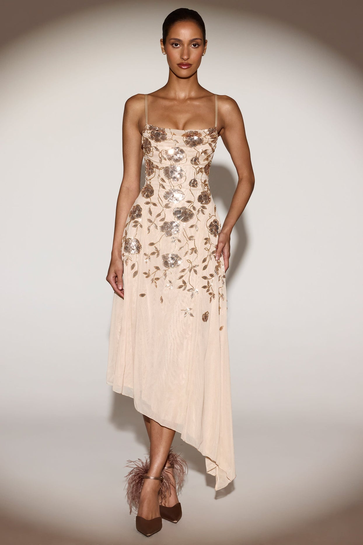 Embellished Asymmetric Midaxi Dress in Pale Gold