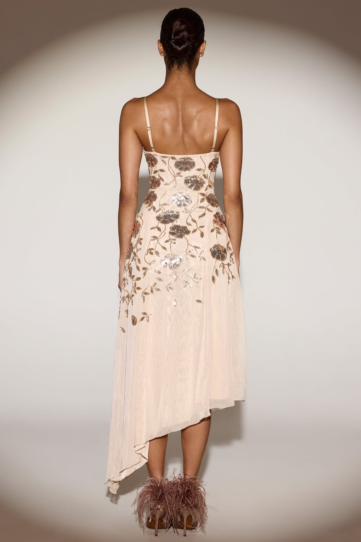 Embellished Asymmetric Midaxi Dress in Pale Gold