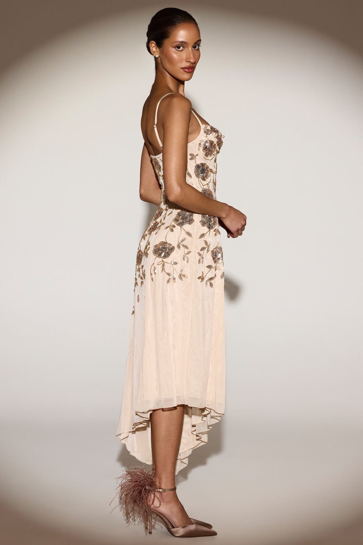 Embellished Asymmetric Midaxi Dress in Pale Gold