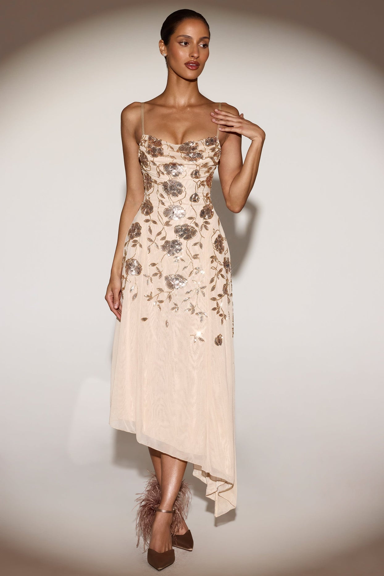 Embellished Asymmetric Midaxi Dress in Pale Gold