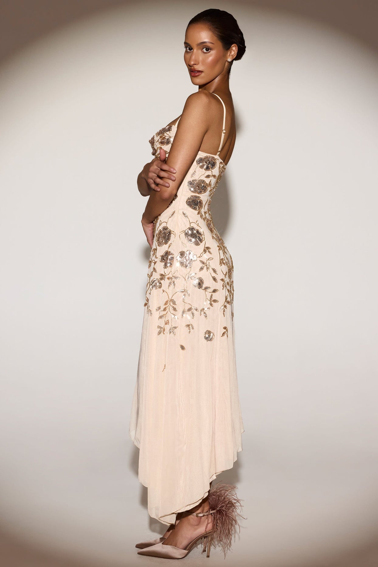 Embellished Asymmetric Midaxi Dress in Pale Gold