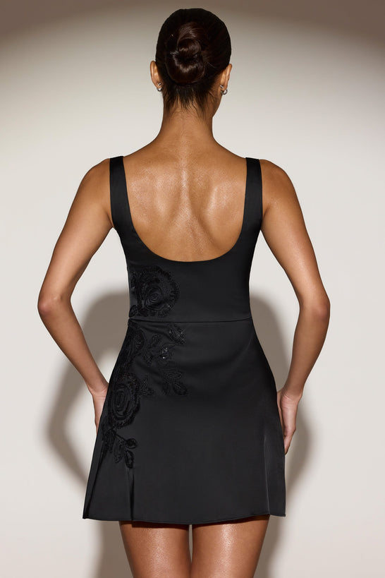 Embellished Scoop-Neck A-Line Mini Dress in Black