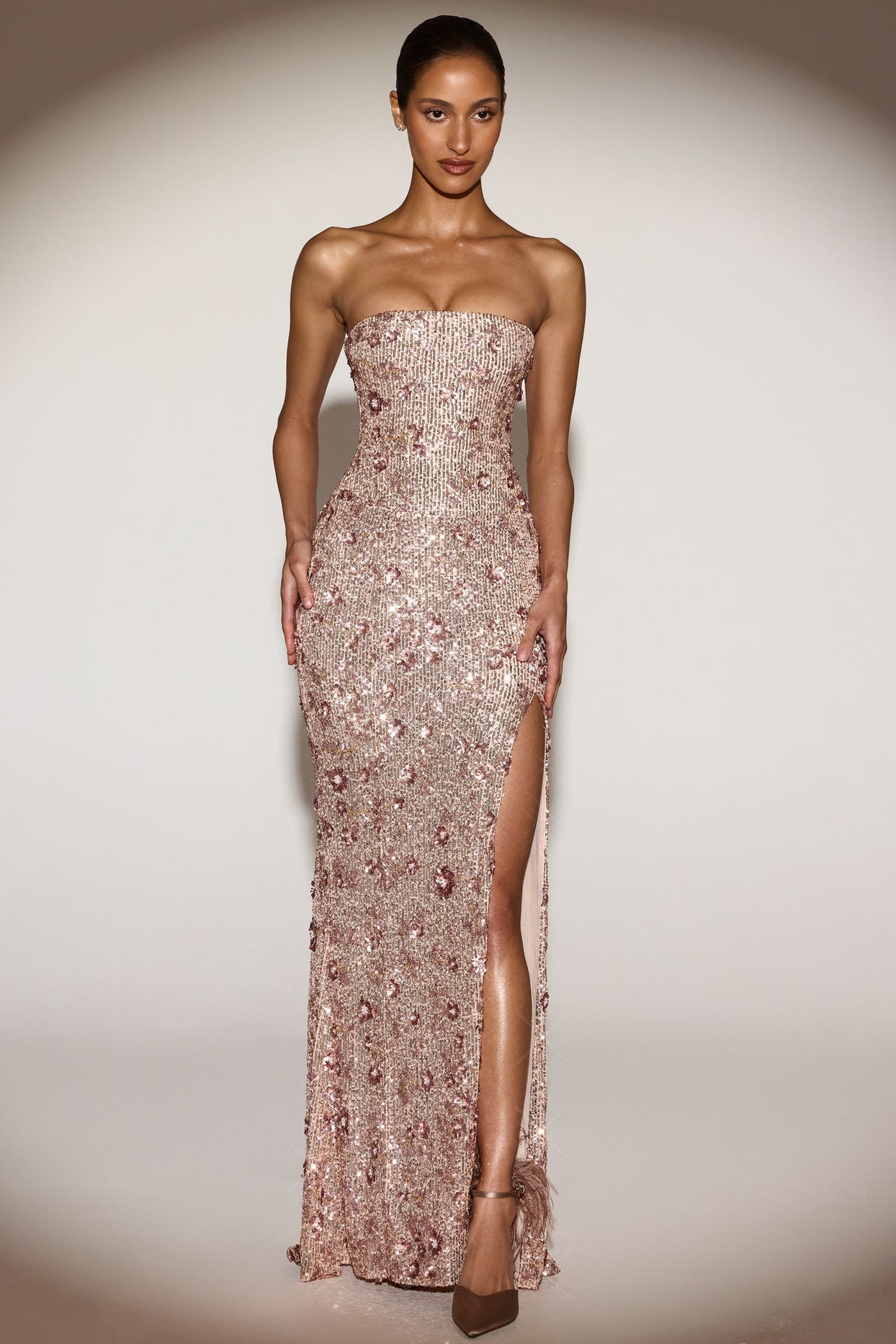 Embellished Strapless Gown in Gold Pink Floral