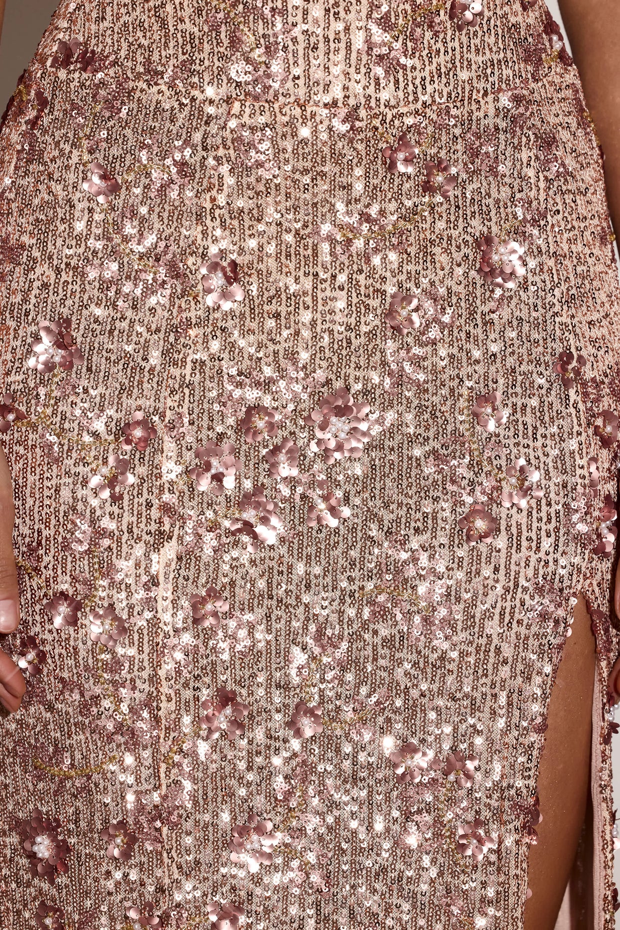 Embellished Strapless Gown in Gold Pink Floral