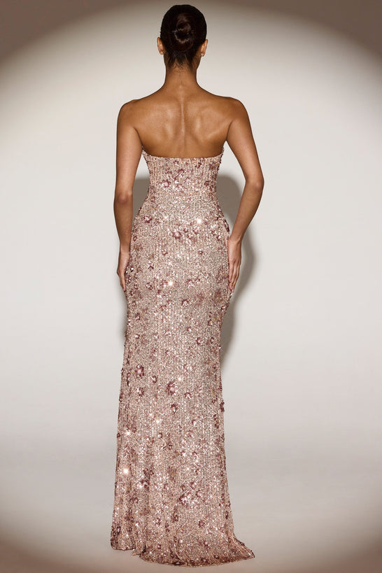 Embellished Strapless Gown in Gold Pink Floral