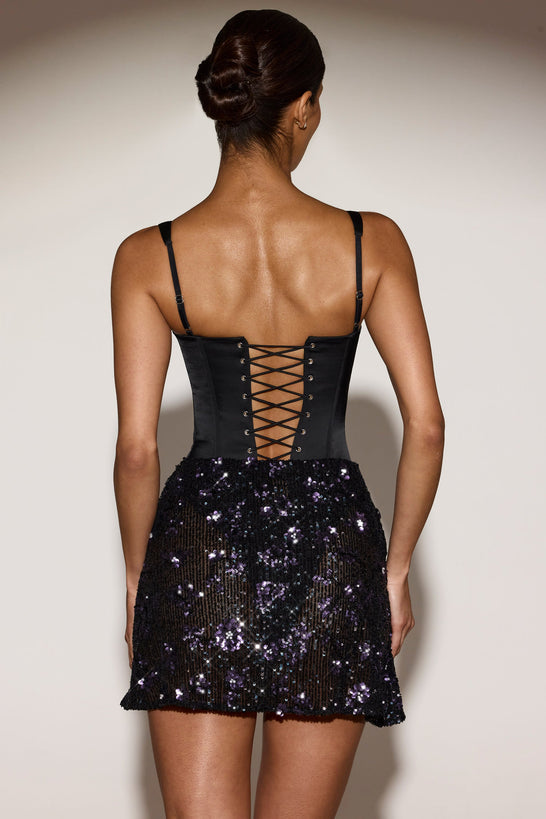 Embellished Draped Skirt Corset Mini Dress in Black Purple Floral