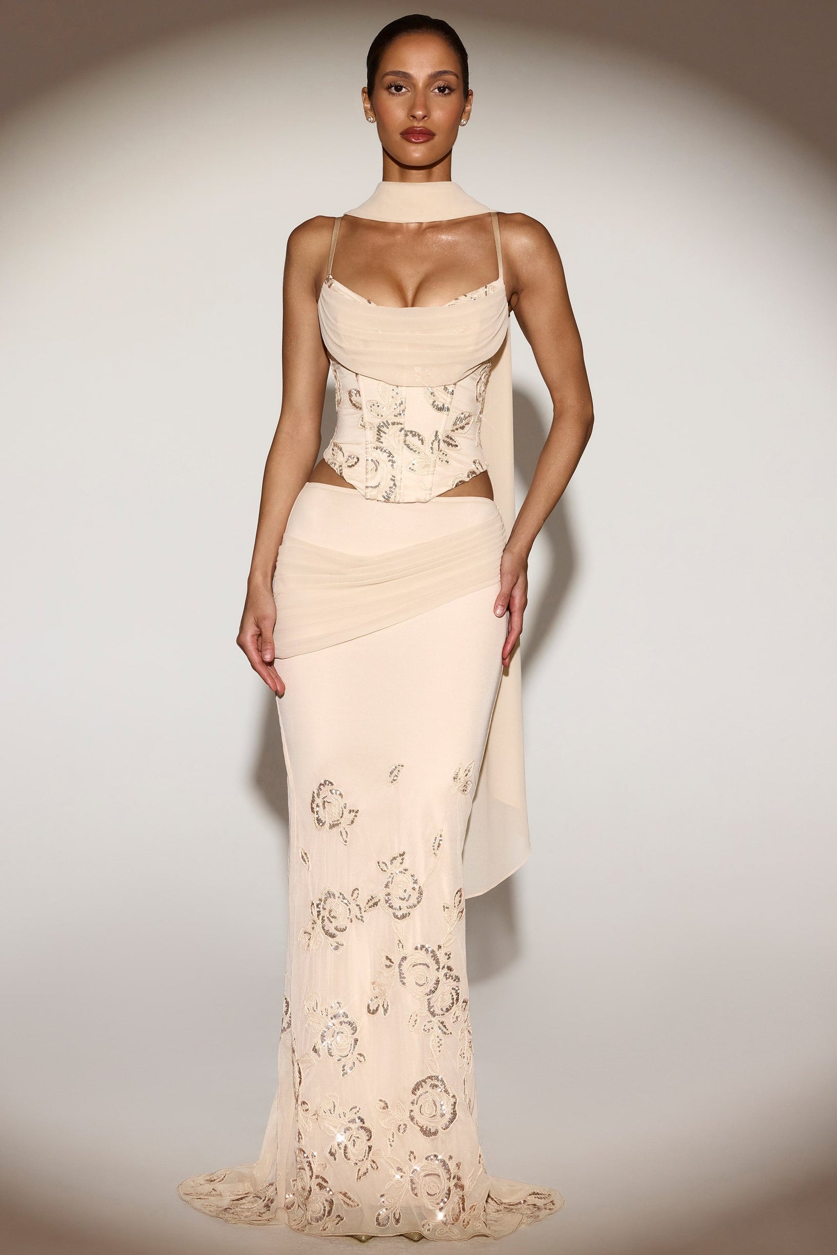 Embellished Draped Mid-Rise Gown Skirt in Gold - 1