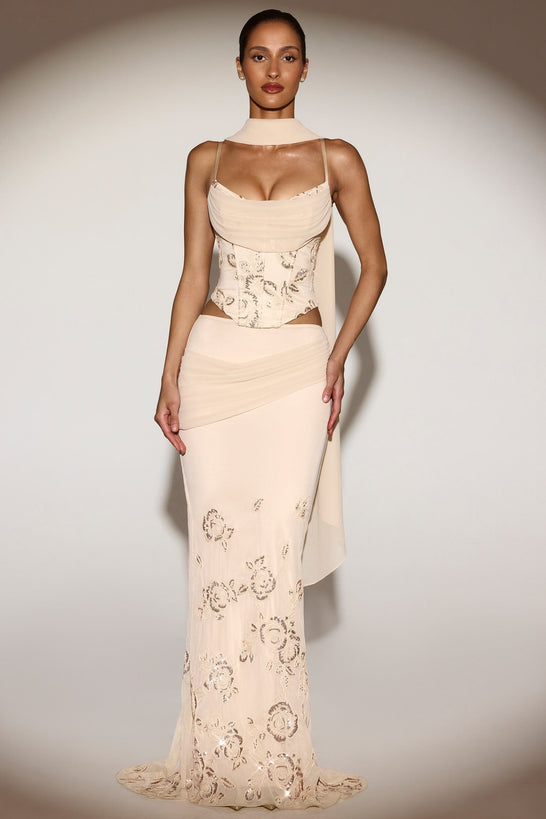 Embellished Draped Mid-Rise Gown Skirt in Pale Gold