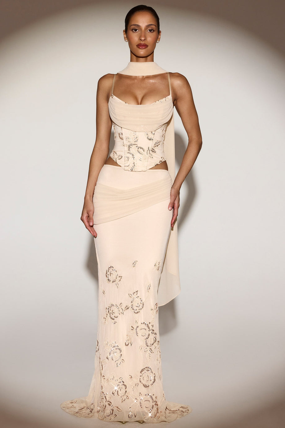 Embellished Draped Mid-Rise Gown Skirt in Pale Gold