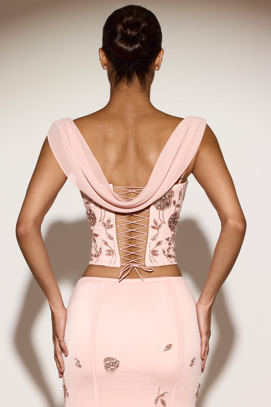 Embellished Draped Lace-Up Corset Top  in Ballet Pink