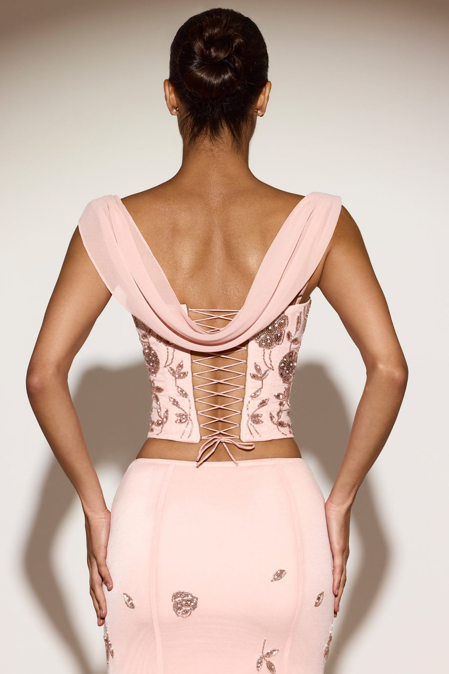 Embellished Draped Lace-Up Corset Top  in Ballet Pink