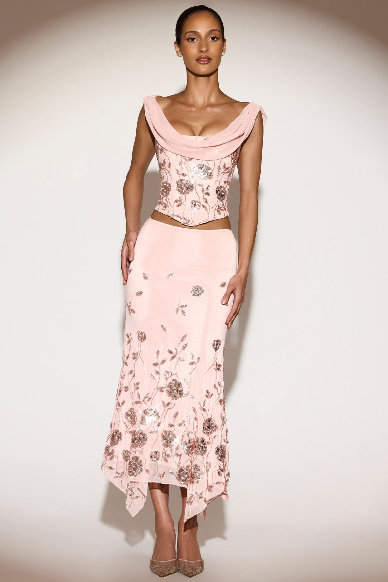 Embellished Hanky Hem Midaxi Skirt in Ballet Pink