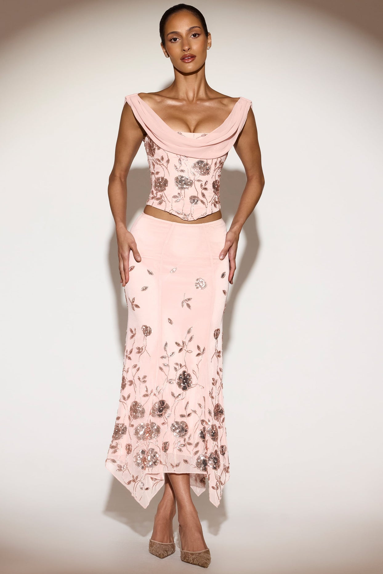 Embellished Hanky Hem Midaxi Skirt in Ballet Pink