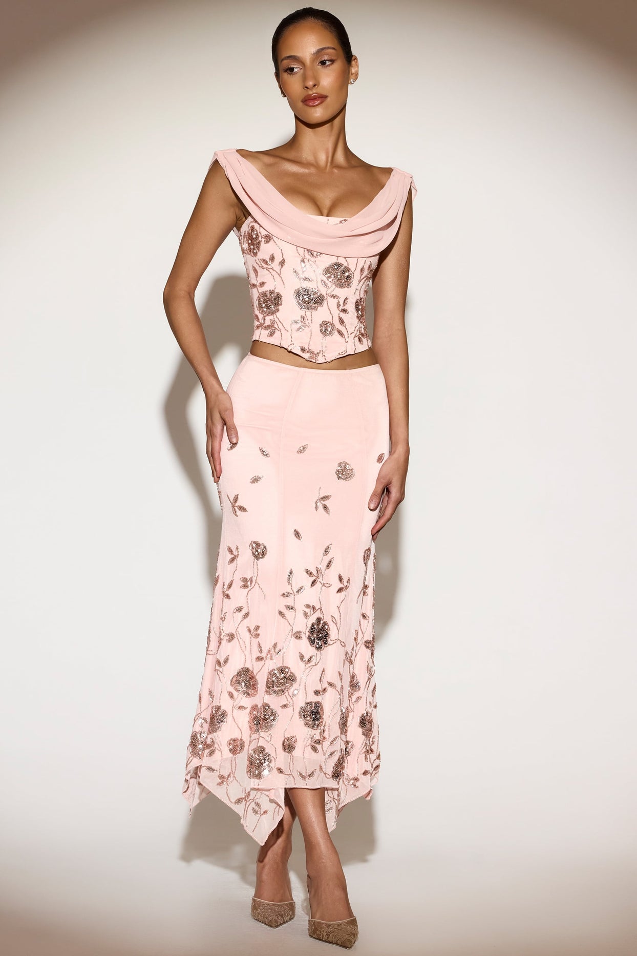 Embellished Hanky Hem Midaxi Skirt in Ballet Pink