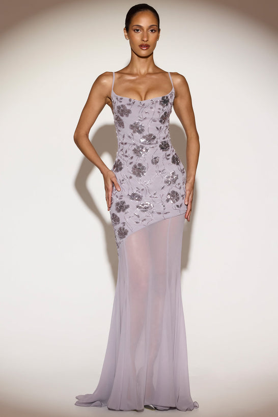 Embellished Cowl-Neck Backless Gown in Silver Lilac