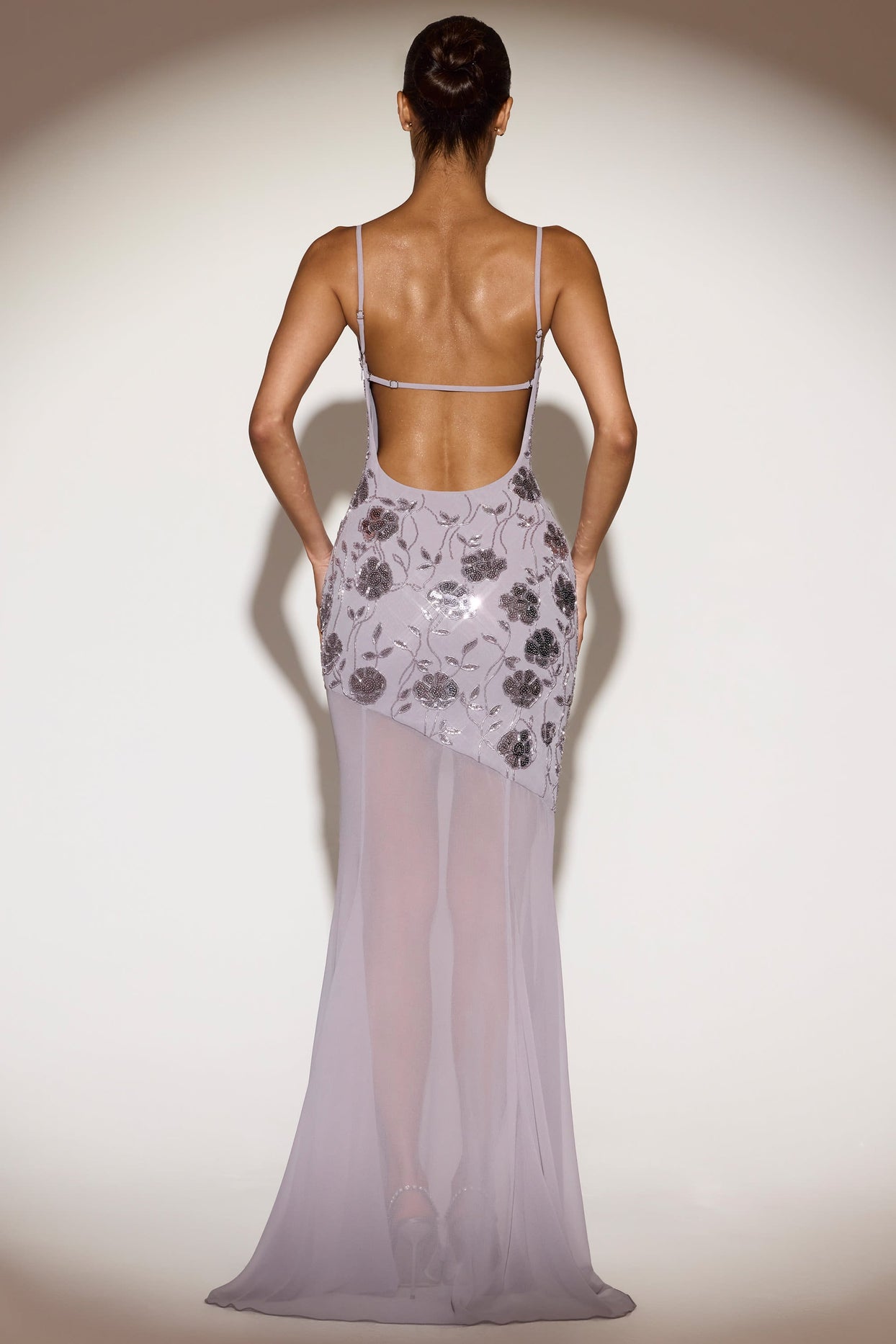 Embellished Cowl-Neck Backless Gown in Silver Lilac