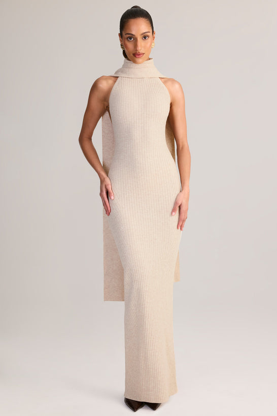 Scarf-Detail Turtleneck Backless Maxi Dress in Cream