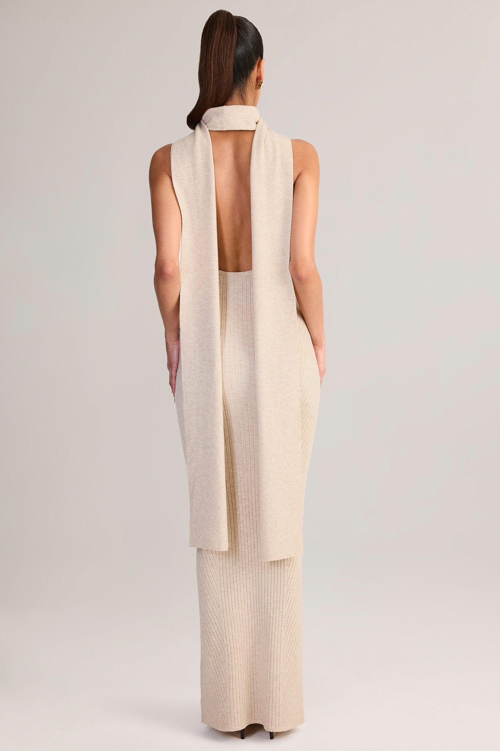 Rib-Knit Scarf-Detail Halterneck Maxi Dress in Cream - 2