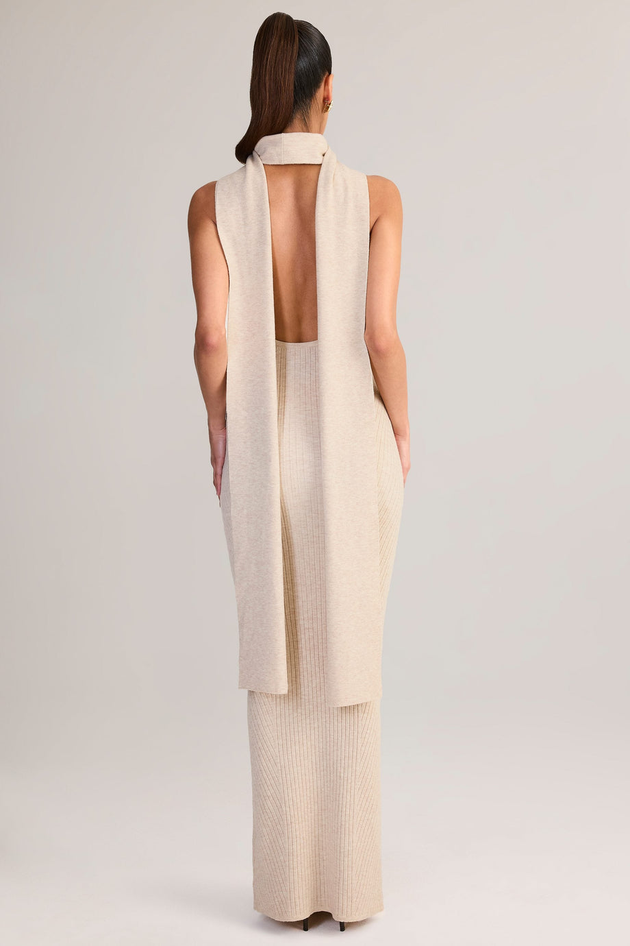 Scarf-Detail Turtleneck Backless Maxi Dress in Cream