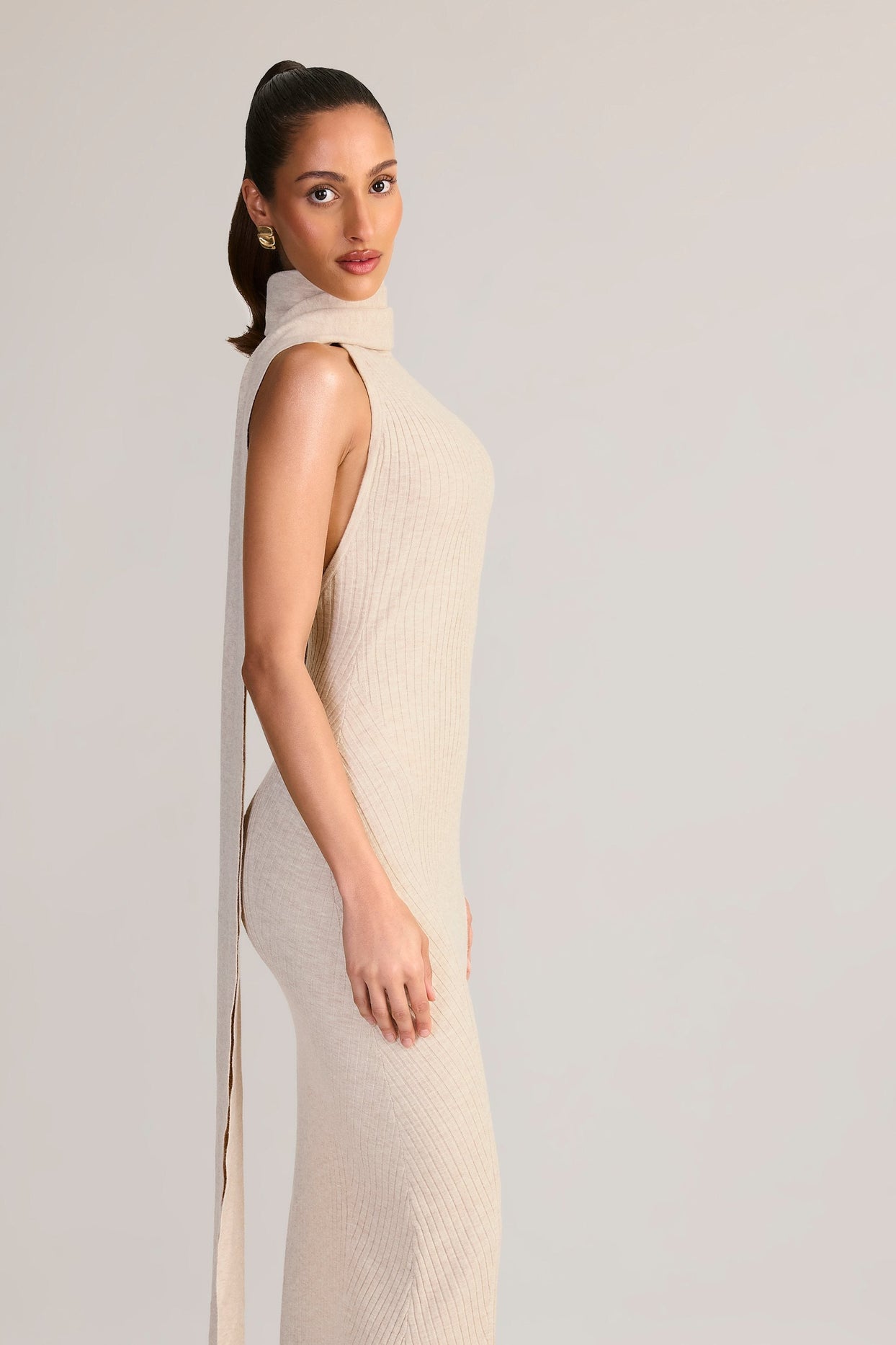 Scarf-Detail Turtleneck Backless Maxi Dress in Cream
