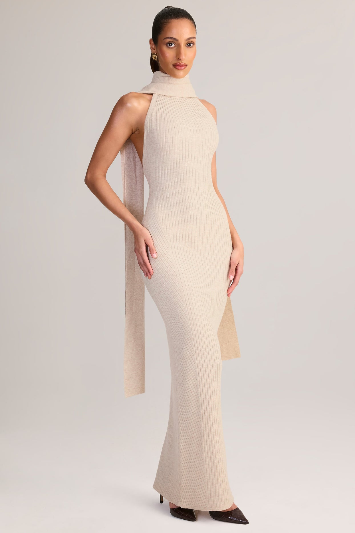 Scarf-Detail Turtleneck Backless Maxi Dress in Cream
