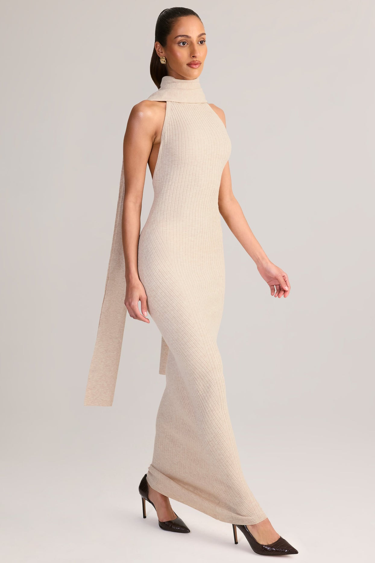 Scarf-Detail Turtleneck Backless Maxi Dress in Cream
