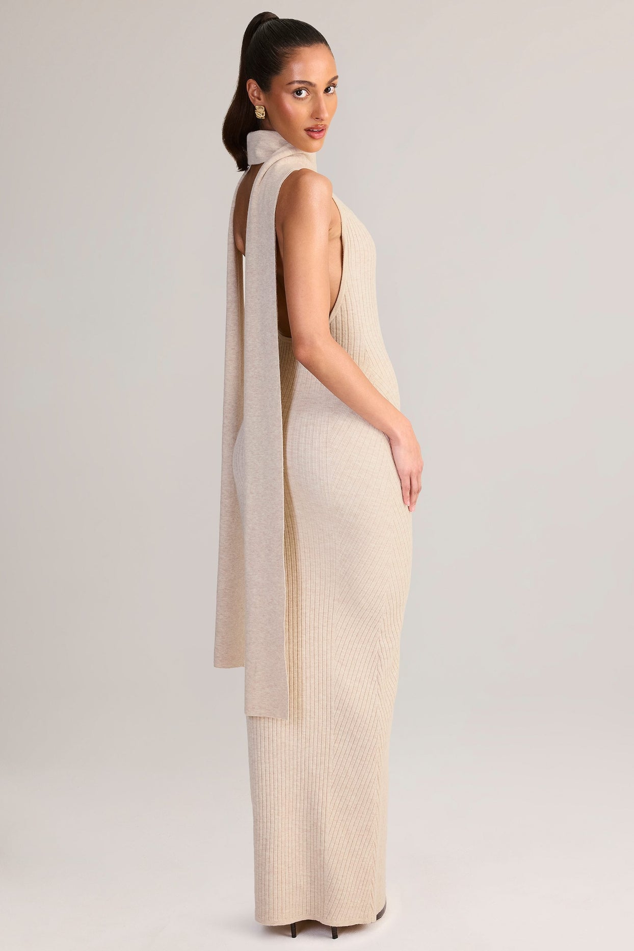 Scarf-Detail Turtleneck Backless Maxi Dress in Cream