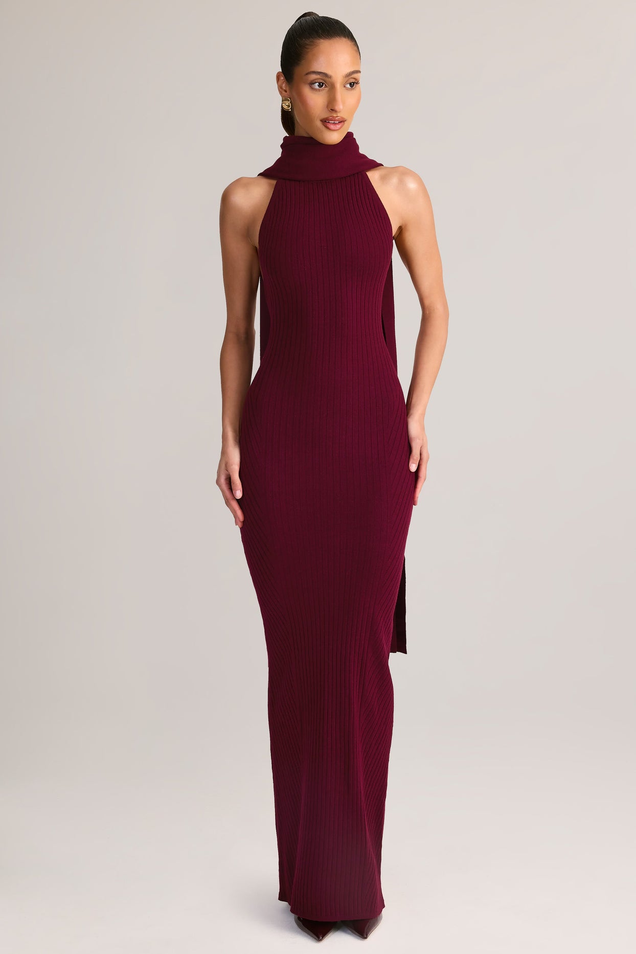 Scarf-Detail Turtleneck Backless Maxi Dress in Wine