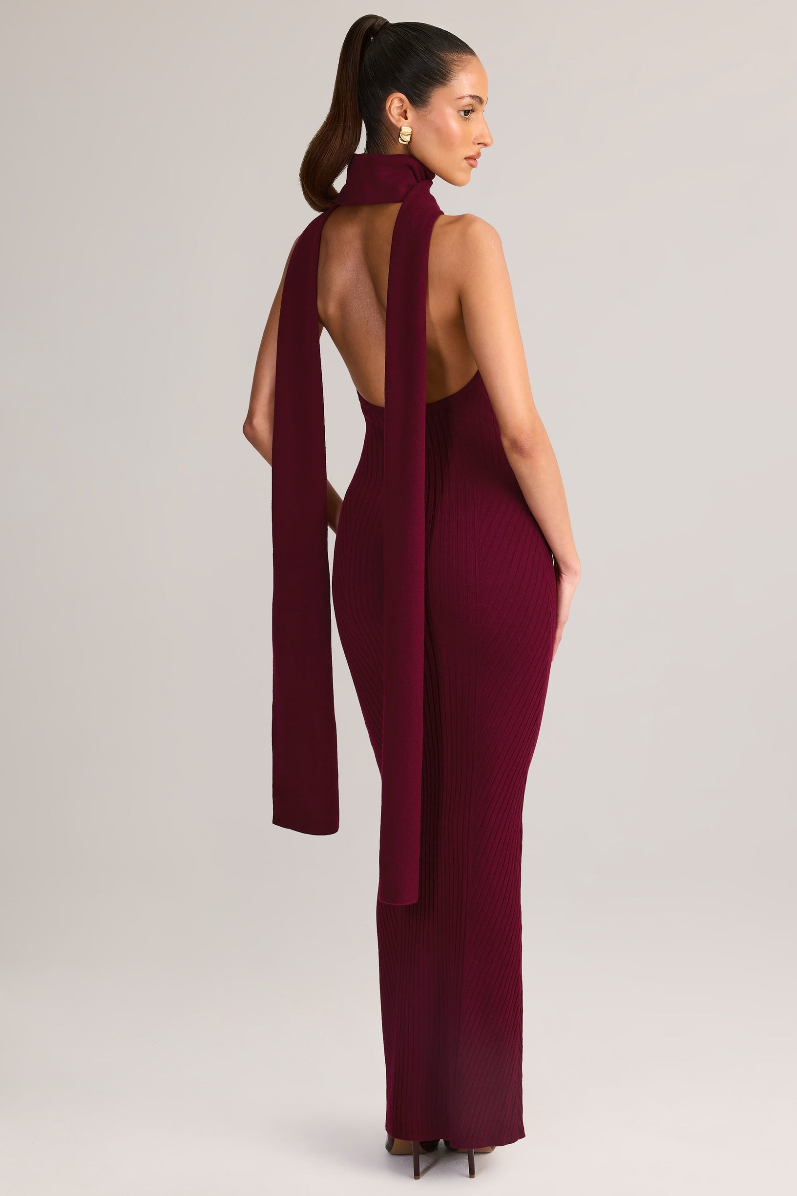 Rib-Knit Scarf-Detail Halterneck Maxi Dress in Wine - 2