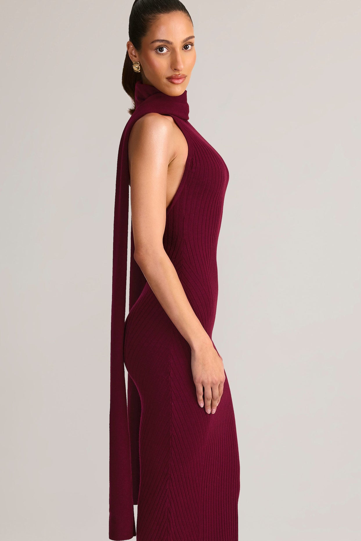 Scarf-Detail Turtleneck Backless Maxi Dress in Wine