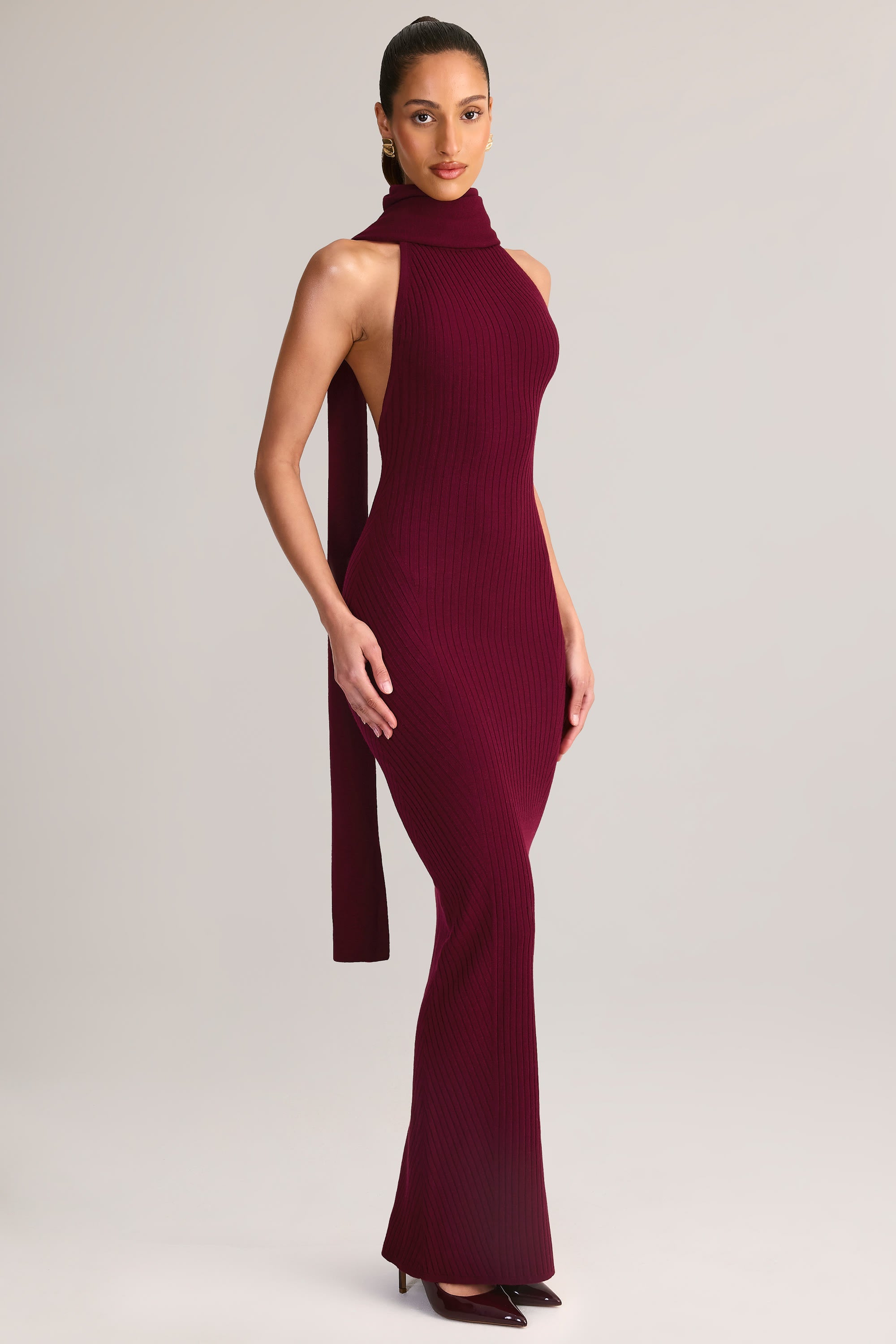 Dree Scarf-Detail Turtleneck Backless Maxi Dress in Wine | Oh Polly