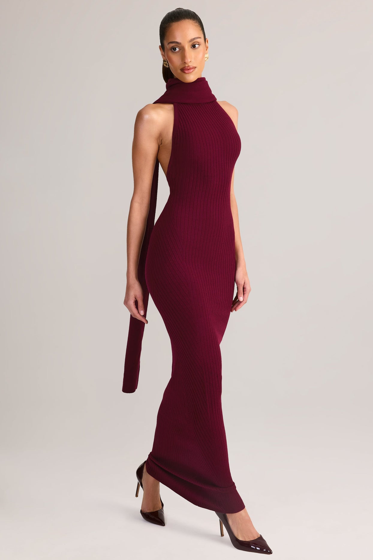 Scarf-Detail Turtleneck Backless Maxi Dress in Wine