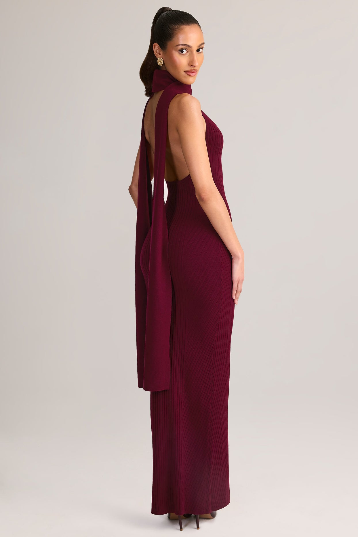 Scarf-Detail Turtleneck Backless Maxi Dress in Wine