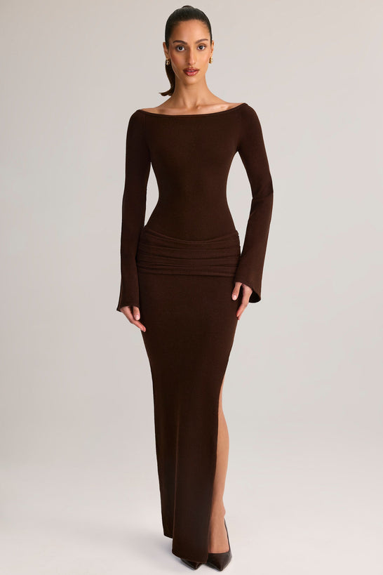 Ruched Boat-Neck Long-Sleeve Maxi Dress in Chocolate Brown