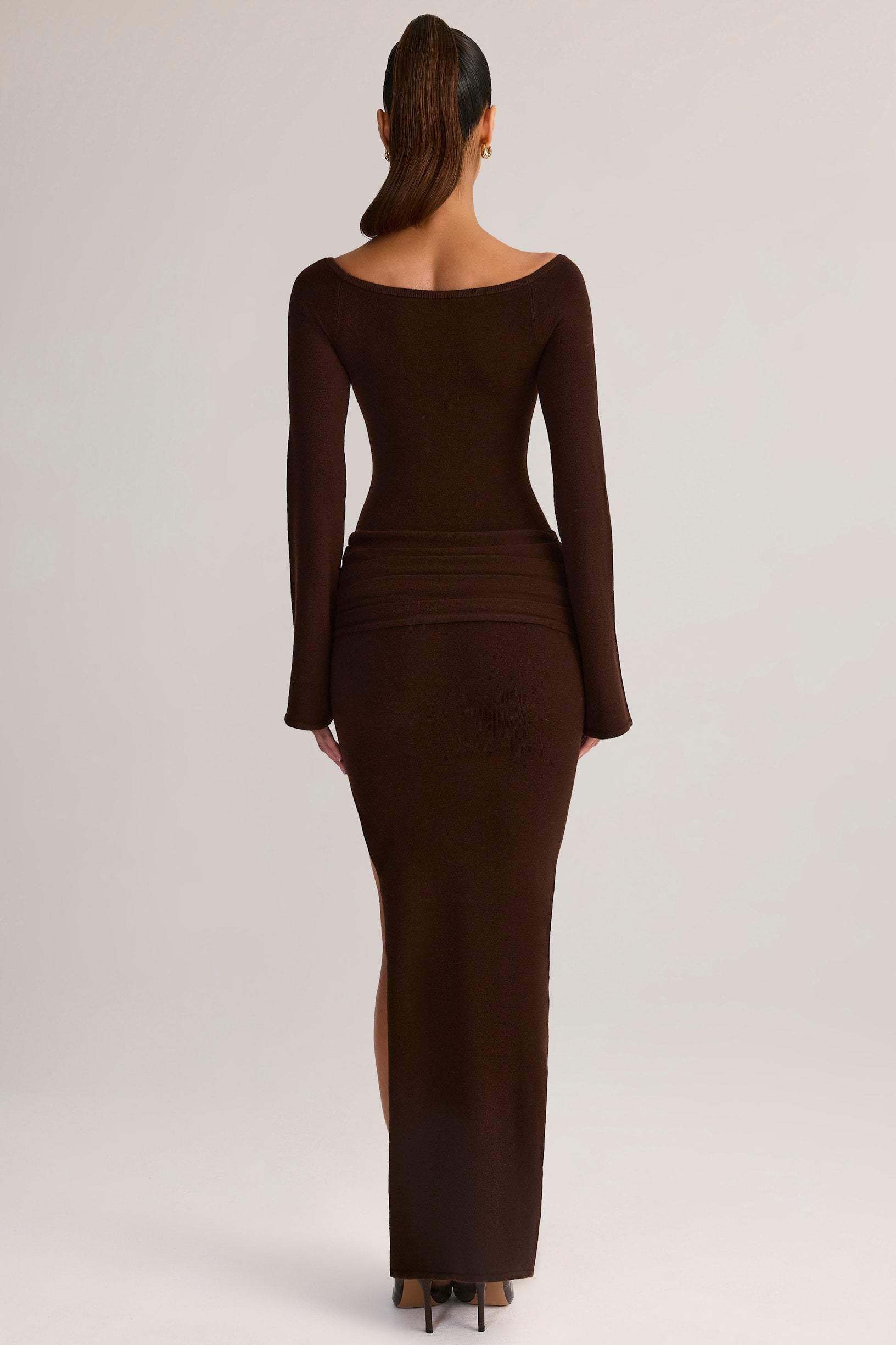 Rib-Knit Boat-Neck Long-Sleeve Maxi Dress in Chocolate Brown - 2