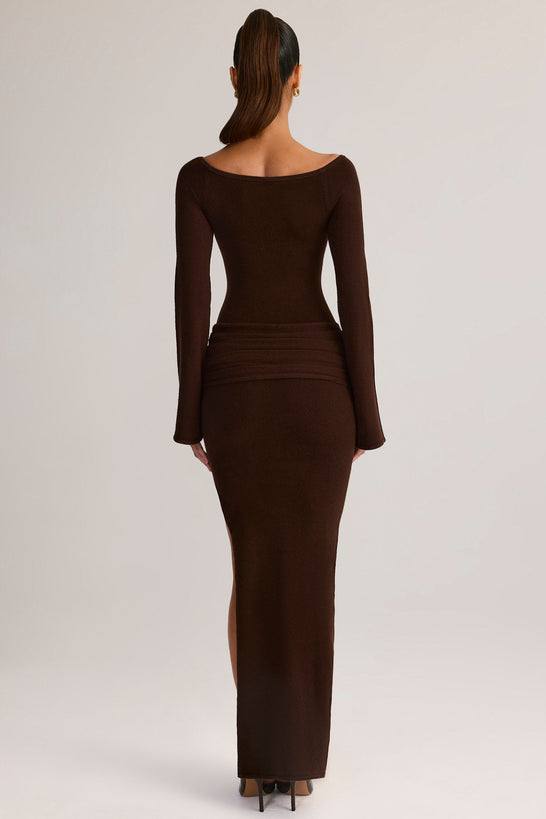 Ruched Boat-Neck Long-Sleeve Maxi Dress in Chocolate Brown