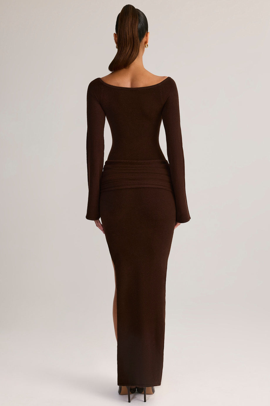 Ruched Boat-Neck Long-Sleeve Maxi Dress in Chocolate Brown