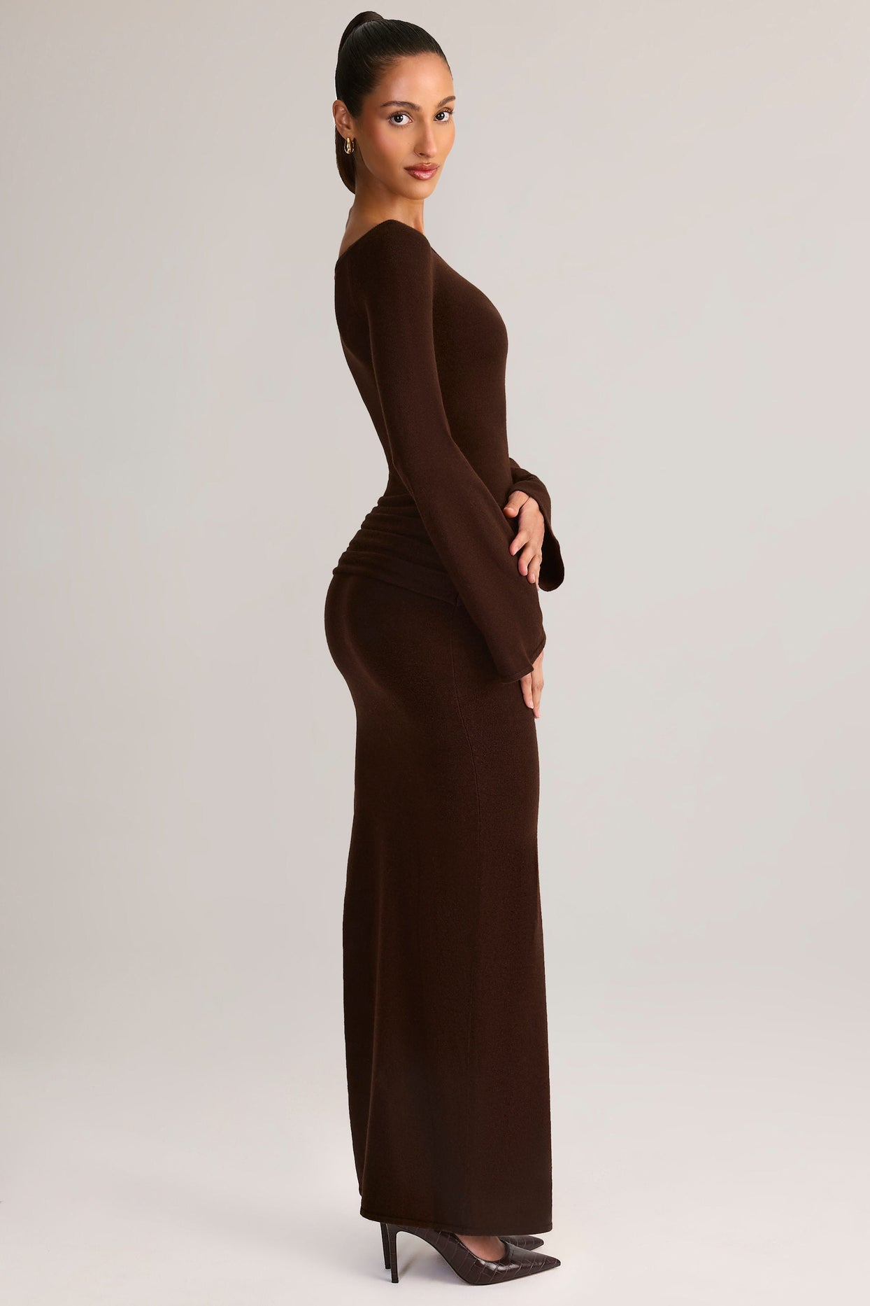 Ruched Boat-Neck Long-Sleeve Maxi Dress in Chocolate Brown
