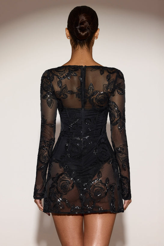 Embellished Corset Bodysuit A-line Mini Dress in Black