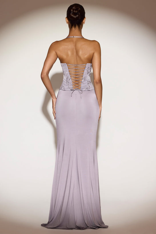 Embellished Cowl-Neck Ruffled Gown Dress in Silver Lilac