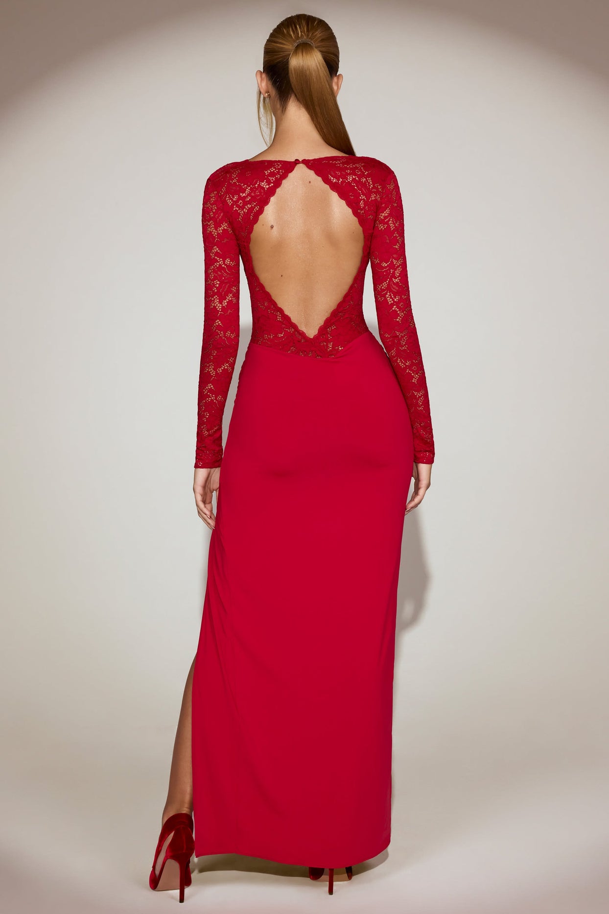 Lace Plunge-Neck Maxi Dress in True Red