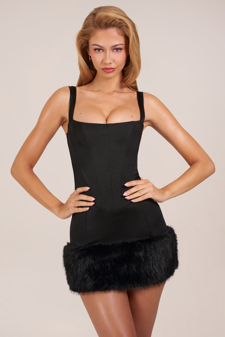 Satin Square-Neck Corset Faux-Fur Mini Dress in Black